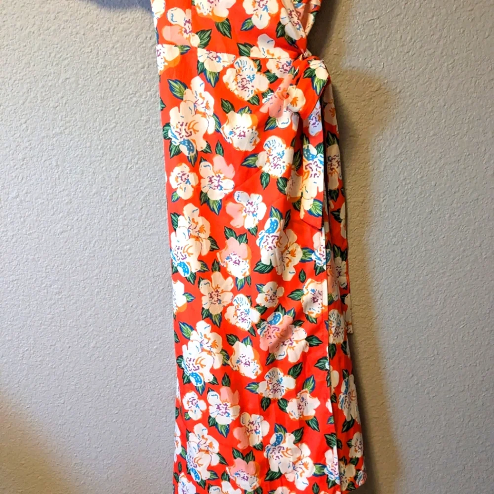 💥SALE💥 Romantic Orange Wrap Dress Floral Fluffy Sleeves Cross V Neck Sz L - Picture 9 of 10